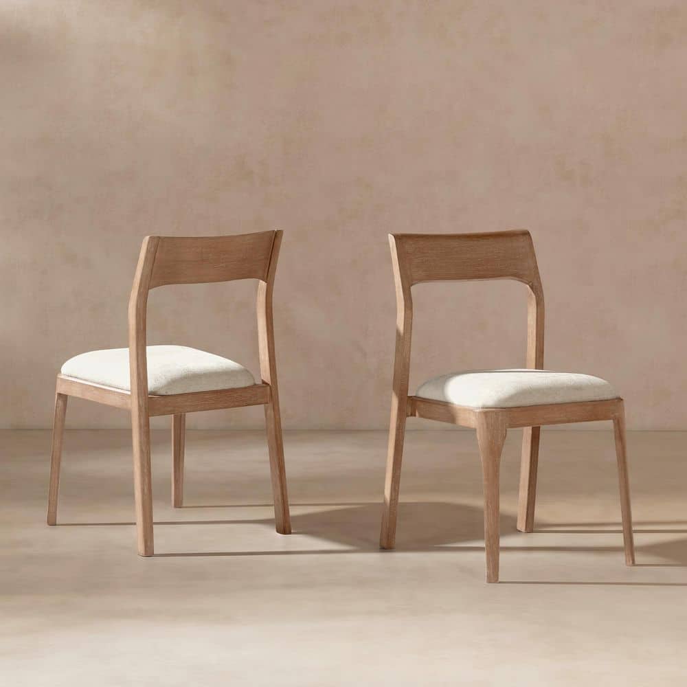 Bryson Upholstered Reclaimed Pine Wood Dining Chair Set of 2, Natural Brown, Soft Flax Light Beige Chenille