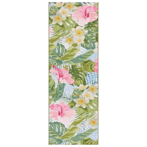 SAFAVIEH Barbados Runner Green/Pink 3 ft. x 8 ft. Floral Indoor/Outdoor Area Rug