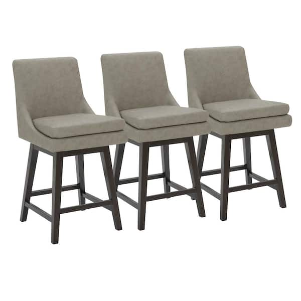 Fiona 26.8 in. Stone Gray High Back Solid Wood Frame Swivel Counter Height Bar Stool with Faux Leather Seat(Set of 3)