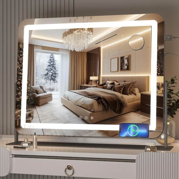 Vosuja 24.2 in. W x 18.9 in. H Rectangle Black Frame LED Makeup Mirror, 10X Magnification, USB Charging Port, 360° Rotation