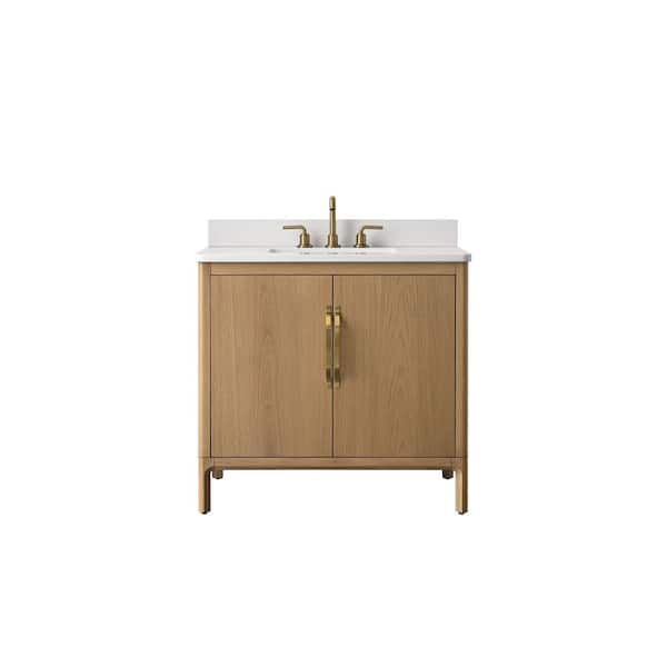 36 in. Single Sink Freestanding Bath Vanity with White Engineered Stone Top Power Outlet and Storage Assembled in Brown