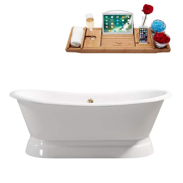 Streamline 71.3 in. Cast Iron Flatbottom Non-Whirlpool Bathtub in Glossy White with Polished Gold External Drain and Tray