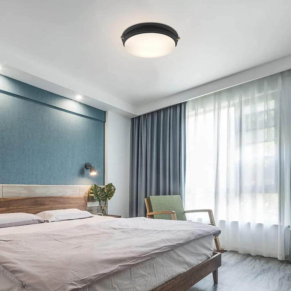 14'' Matte Black LED Flush Mount Ceiling Light with Frosted Glass Shade