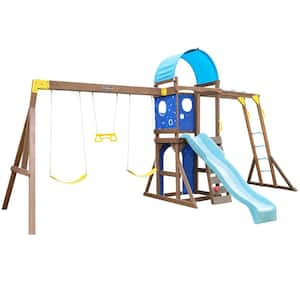 Overlook Challenge Wooden Outdoor Swing Set/Playset with Monkey Bars, Slide and Rock Wall