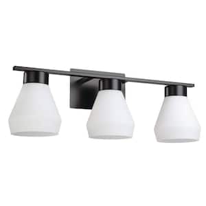 Copeland 24.8 in. W x 7.5 in. H 3-Light Matte Black Bathroom Vanity Light with White Glass Shades