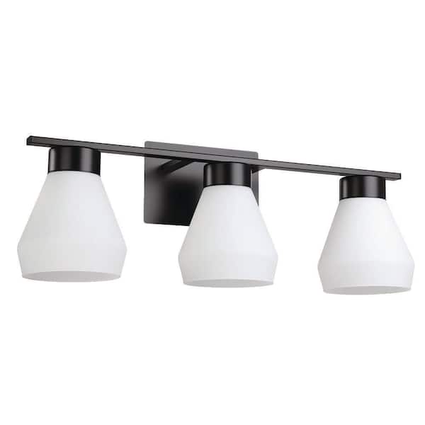 Eglo Copeland 24.8 in. W x 7.5 in. H 3-Light Matte Black Bathroom Vanity Light with White Glass Shades