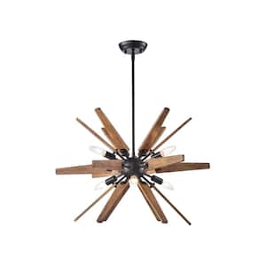 Amapola Sputnik 6-Light Antique Black Modern Geometric Natural Wood 26 in. W Chandelier with No Bulbs Included
