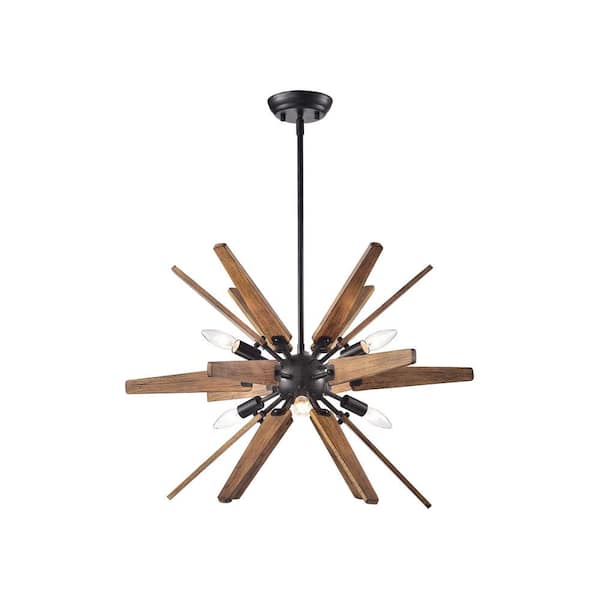 Jojospring Amapola Sputnik 6-Light Antique Black Modern Geometric Natural Wood 26 in. W Chandelier with No Bulbs Included
