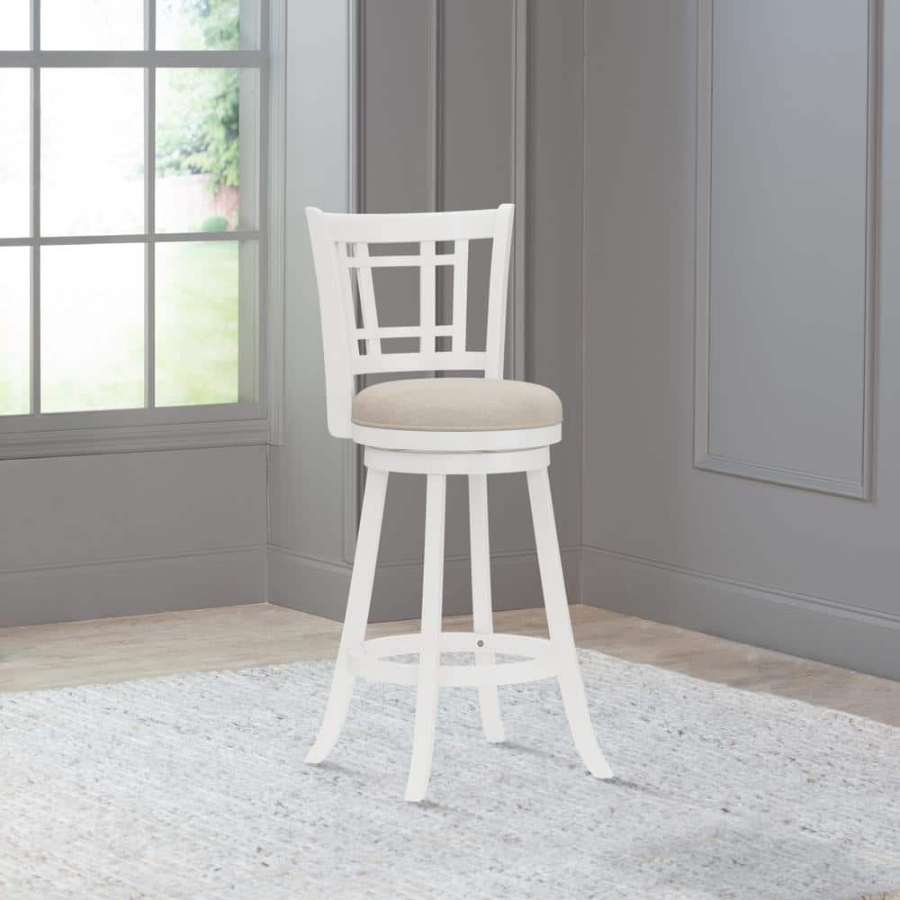 Elegant White Swivel Bar Stool with Beige Fabric Seat and Wood Accents
