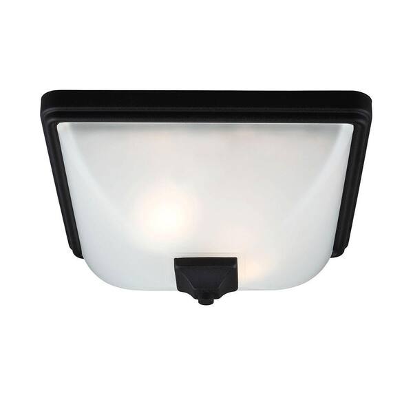 Generation Lighting Irving Park 2-Light Outdoor Black Ceiling Flushmount with Satin Etched Glass