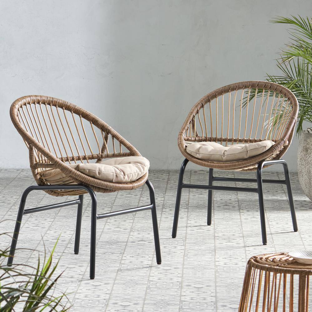 Brown Wicker Outdoor Patio Dining Chair with Beige Cushions (2-Pack)