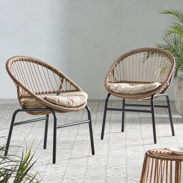 Unbranded Brown Wicker Outdoor Patio Dining Chair with Beige Cushions (2-Pack)