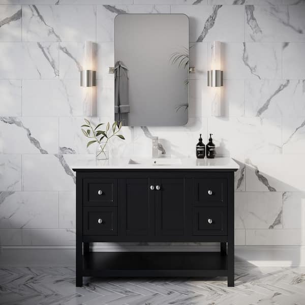 Manchester 48 in. Single Sink Shaker-Style Black Bath Vanity with White Quartz Top and Integrated Sink