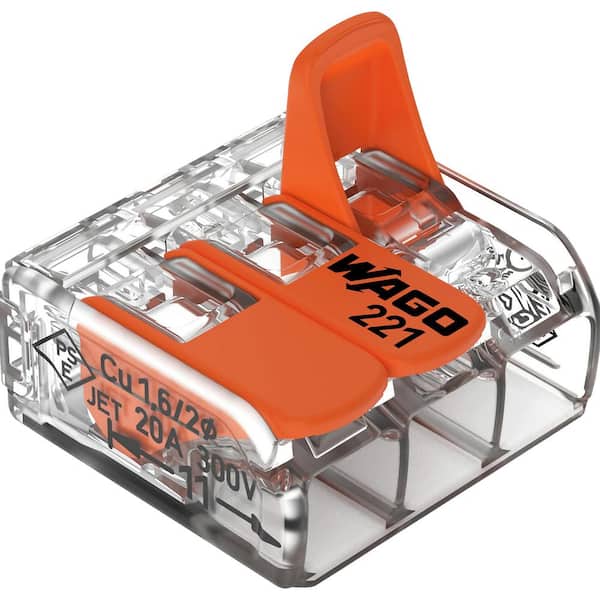 Wago 221-413/K194-4045 3-Conductor #12 AWG Push-In Lever-Nuts® Wire  Splicing Connector, #24-#12 Solid/Stranded, Clear w/Orange Lever (50/Box)