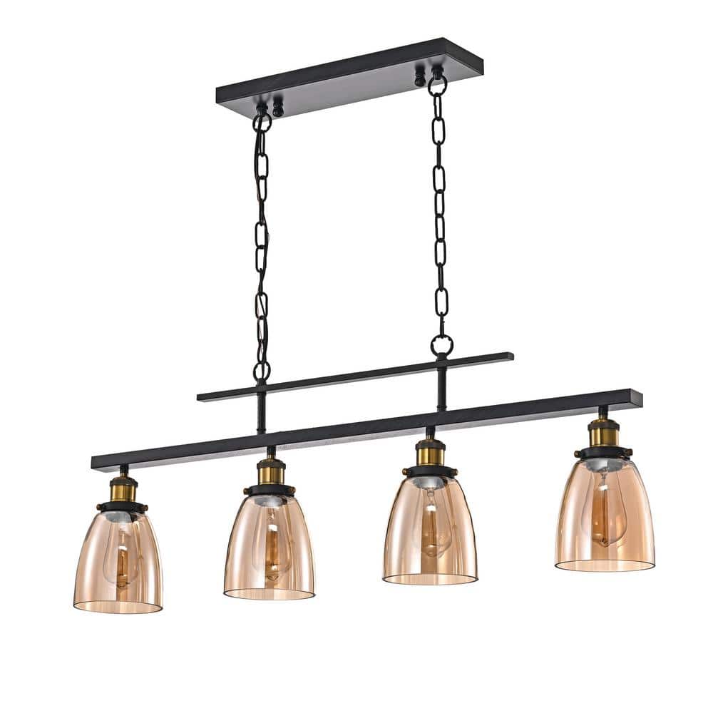Walden Antique Black 4-Light Linear Kitchen Chandelier with Amber Glass