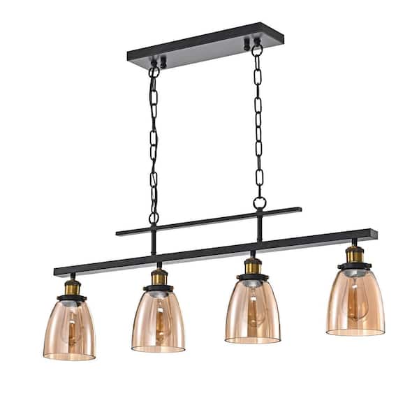 Edvivi Walden 4-Light Traditional Antique Black Linear Kitchen Chandelier with Amber Glass Shades