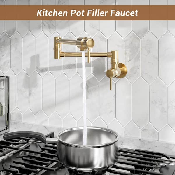 1.8 GPM Wall Mounted Mount Pot Filler Kitchen Faucet with Folding Stretchable Double Joint Swing Arms in Brushed Gold