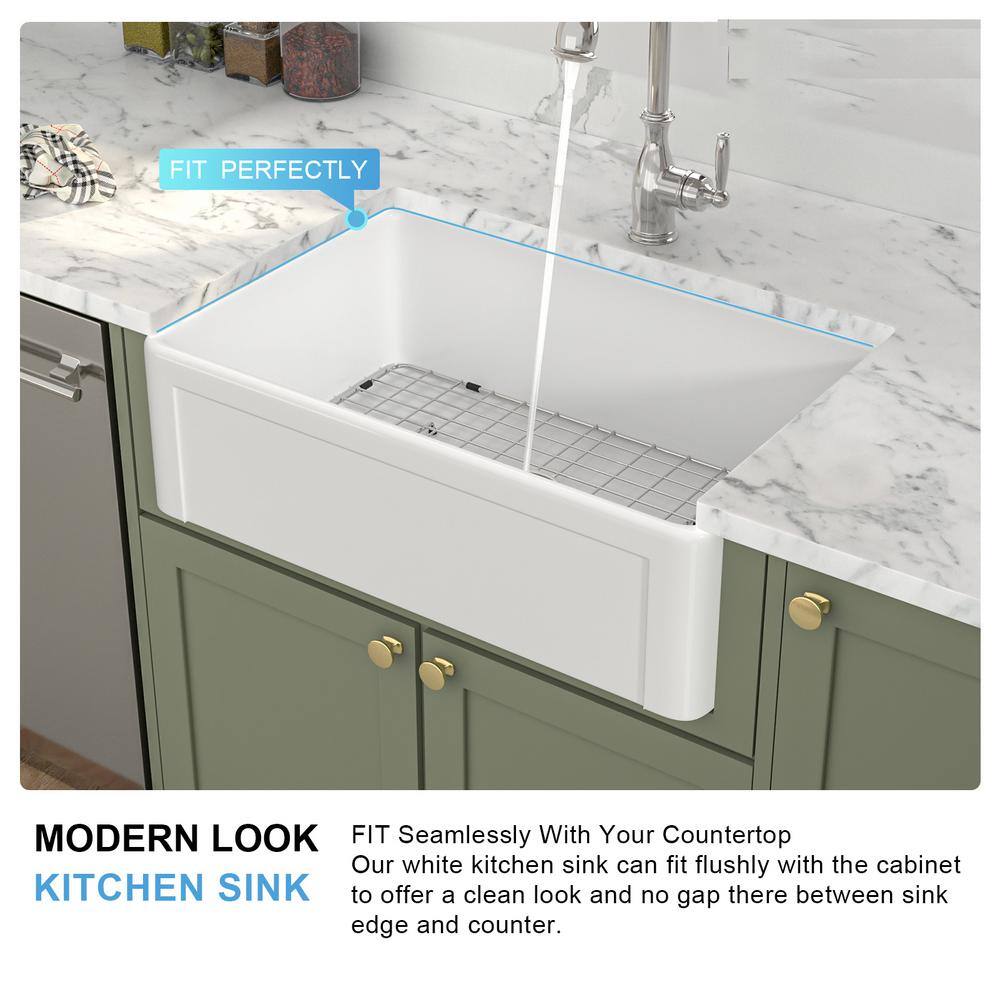 33'' White Ceramic Farmhouse Apron-Front Single Bowl Kitchen Sink