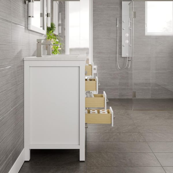 London 48 in. Double Sink White Bath Vanity with White Carrara Quartz Top (Assembled)