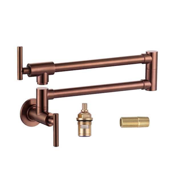 Brass Wall Mount Pot Filler with 2-Handles and Double Joint Swing Arms Folding Kitchen Faucet in Rose Gold