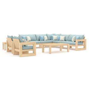 Benson 9-Piece Wood Patio Sectional Seating Set with Sunbrella Spa Blue Cushions