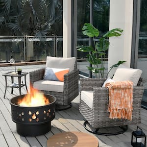 Eufaula Gray 4-Piece Wicker Patio Conversation Swivel Chair Set with a Wood-Burning Fire Pit and Coarse Beige Cushions