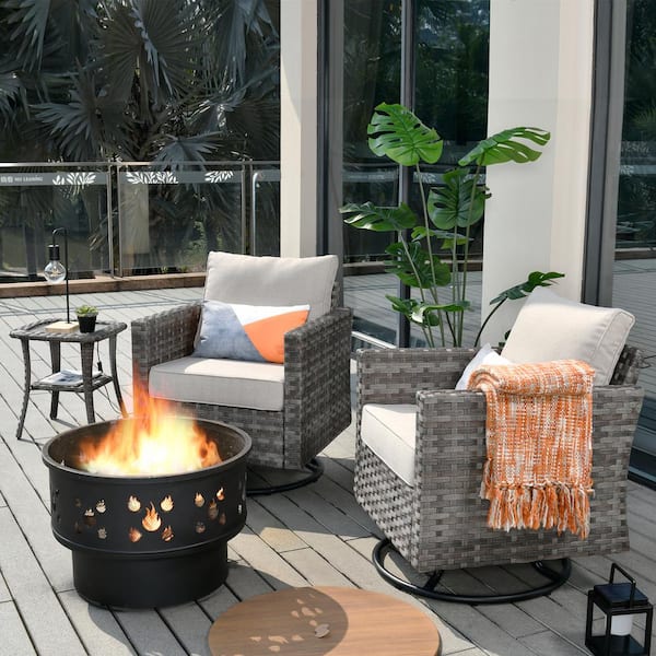 Toject Eufaula Gray 4-Piece Wicker Patio Conversation Swivel Chair Set with a Wood-Burning Fire Pit and Coarse Beige Cushions