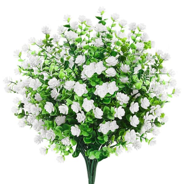 15 in. White 6 Bundles Artificial Eucalyptus Flowers Decoration UV Resistant No Fade Faux Plastic Plants