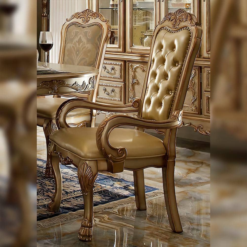 Bone Faux Leather Upholstered Armchair with Gold Patina Finish