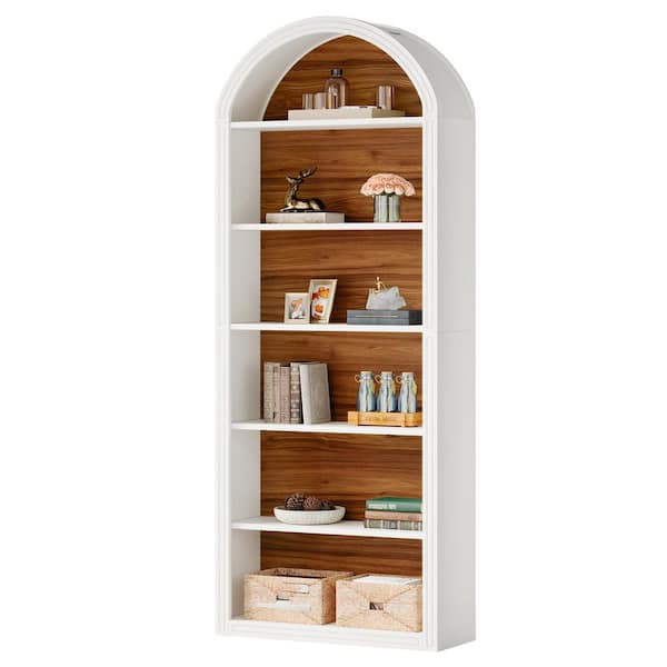 BYBLIGHT Eulas 75.98 in. Tall Brown and White Wood 6-Shelf Etagere Bookcase with Semi-Circular Top Design