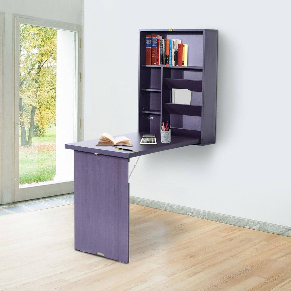 Espresso Brown Foldable Wall Mounted Writing Desk with Storage