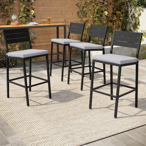 Metal Outdoor Bar Stool with Ergonomic Backrest Footrest and Removable Light Gray Cushions for Patio (4-Pack)