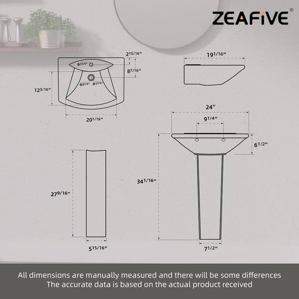 Zeafive 24 in. W x 19 in. D Pedestal Sink Combo in White