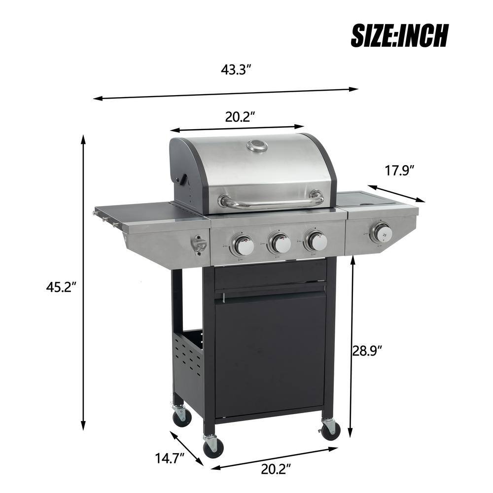 Stainless Steel 3-Burner Propane Gas Grill with Side Burner