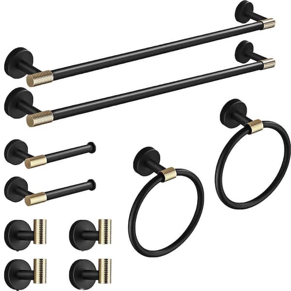 10-Piece Bath Hardware Set with Towel Ring Toilet Paper Holder Towel Hook and Towel Bar in Gold and Black