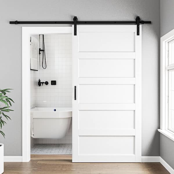 ARK DESIGN 42 in. x 84 in. Paneled 5-Lites White MDF with PVC Finished Sliding Barn Door Slab with Hardware Kit and Soft Close