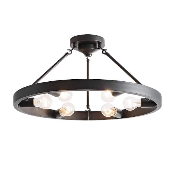 Jojospring Caterina 24 in. 6-Light Metal Round Wagon Wheel Black Rustic Semi- Flush Mount
