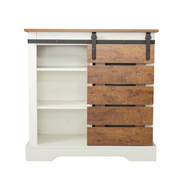 Spaco White Brown Side Cabinet Buffet Sideboard with Sliding Barn Door and Interior Shelves