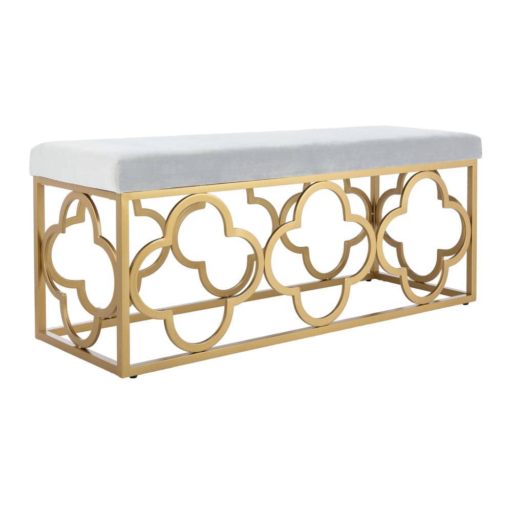 Elegant Fleur Quatrefoil Bench in Gray Velvet and Gold Finish