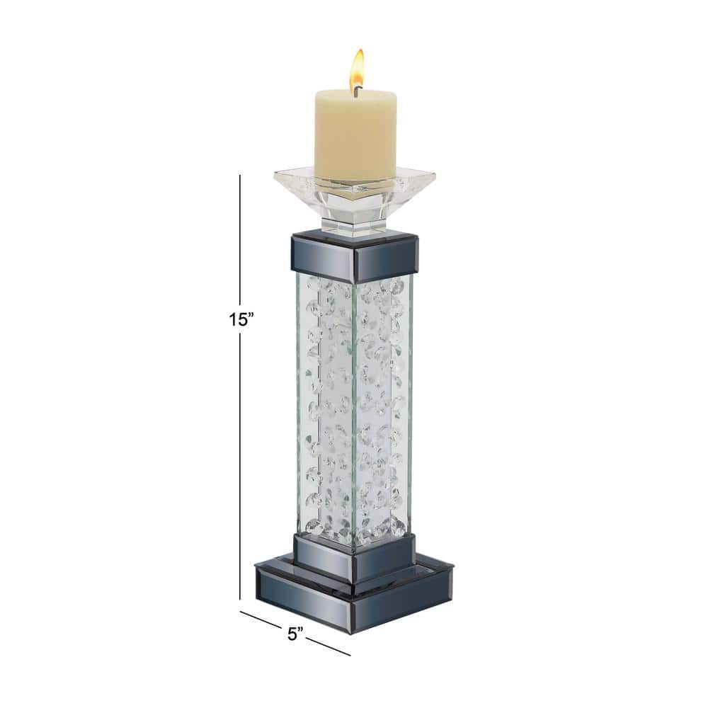 Elegant Silver Glass Candlestick with Floating Crystals 15"