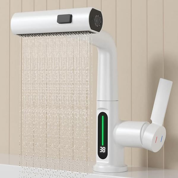 3 Mode Waterfall Single Handle Pull Out Sprayer Kitchen Faucet with Adjustable Height in White, Deckplate Included