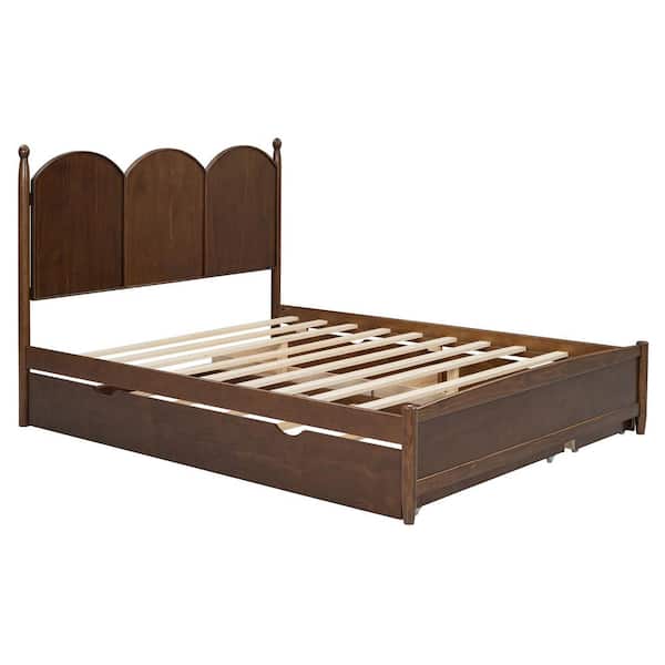Walnut Brown Wood Frame Queen Upholstered Platform Bed with 2 Big Drawers, Twin XL Size Trundle