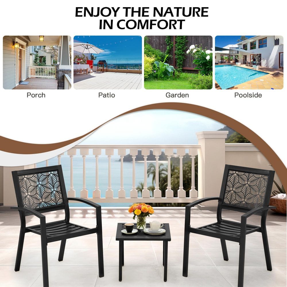 Black Steel 3-Piece Outdoor Bistro Set with Geometric Design