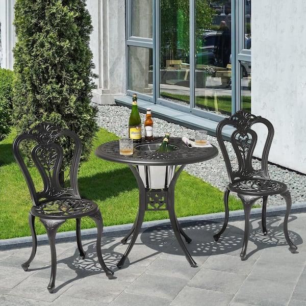 30 in. Black Round Aluminum Outdoor Bistro Round Aluminum Patio Table with Umbrella Hole in Black