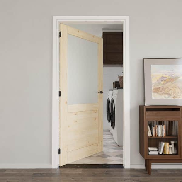 36 in. x 80 in. 1/2-Lite Frosted Glass Left Handed Unfinished Pine Single Door Kit with Quick Assemble Jamb