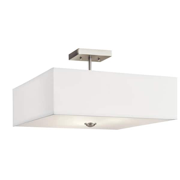 Shailene 18 in. 3-Light Brushed Nickel Square Hallway Transitional Semi-Flush Mount Ceiling Light with Microfiber Shade