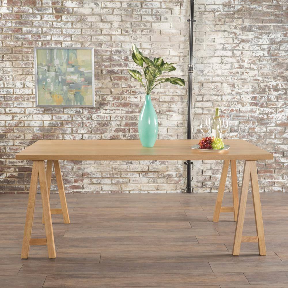 Natural Oak Finish Farmhouse Dining Table with Wooden Legs
