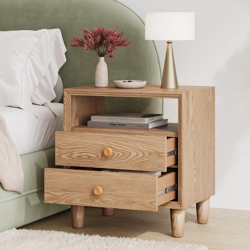 Elise Modern Natural 2-Drawer 21.65 in. W Nightstand with Open Shelf and Solid Wood Legs