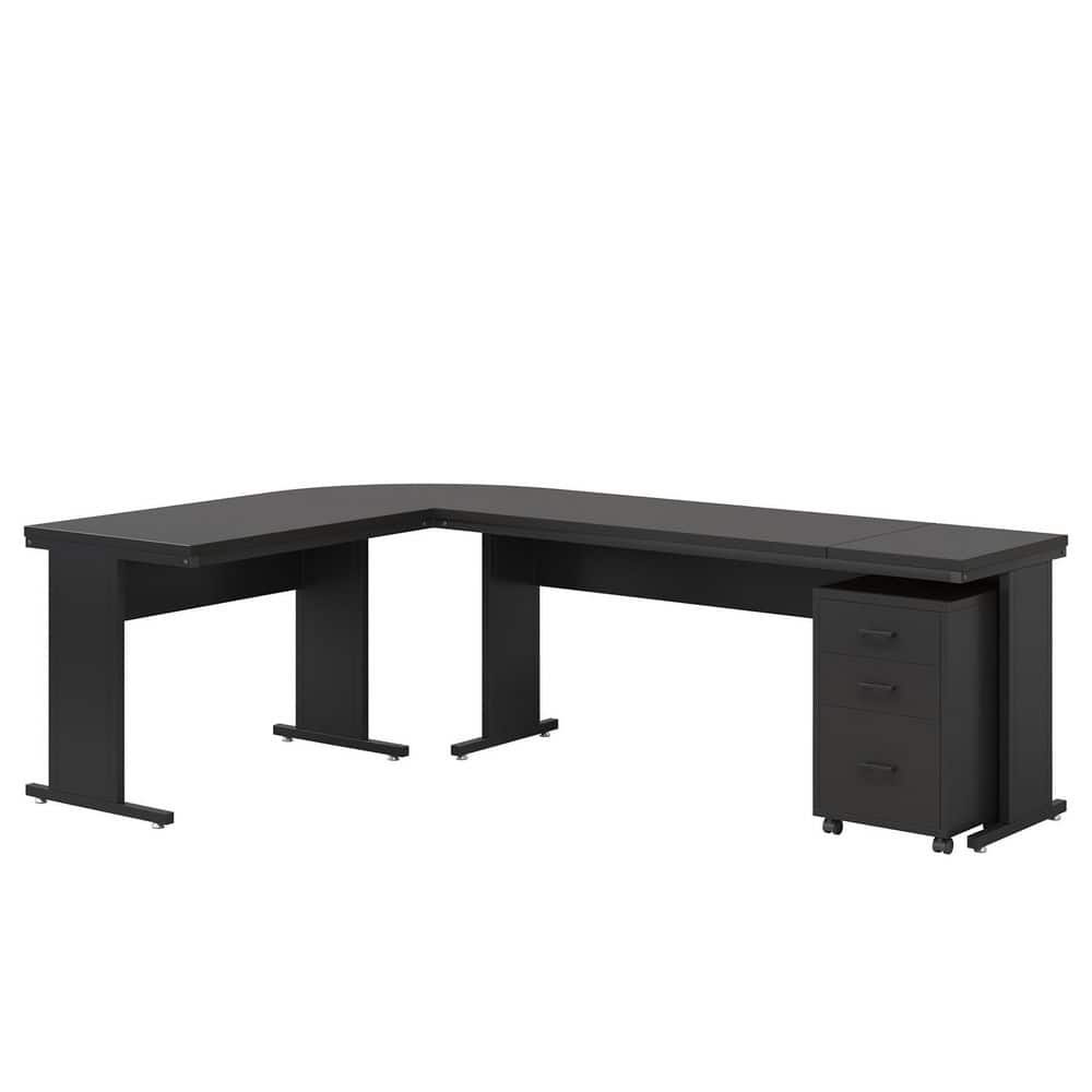 Capen 83 in. L-Shaped Black Wood 3-Drawer Executive Desk Computer Desk Work Desk with File Cabinet