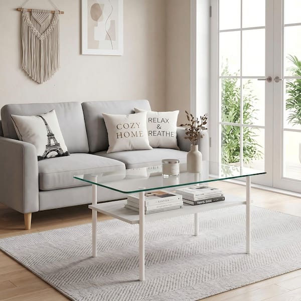 Seafuloy 38.6 in. Rectangle Clear Tempered Glass Coffee Table with White Metal Legs and White Wooden Shelf for Living Room